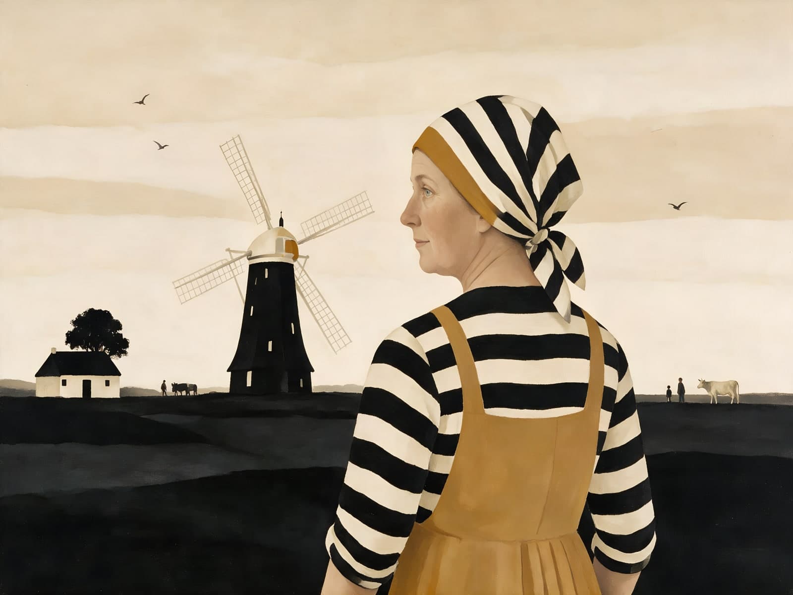 Vrouw met gestreepte hoofddoek bij een molen