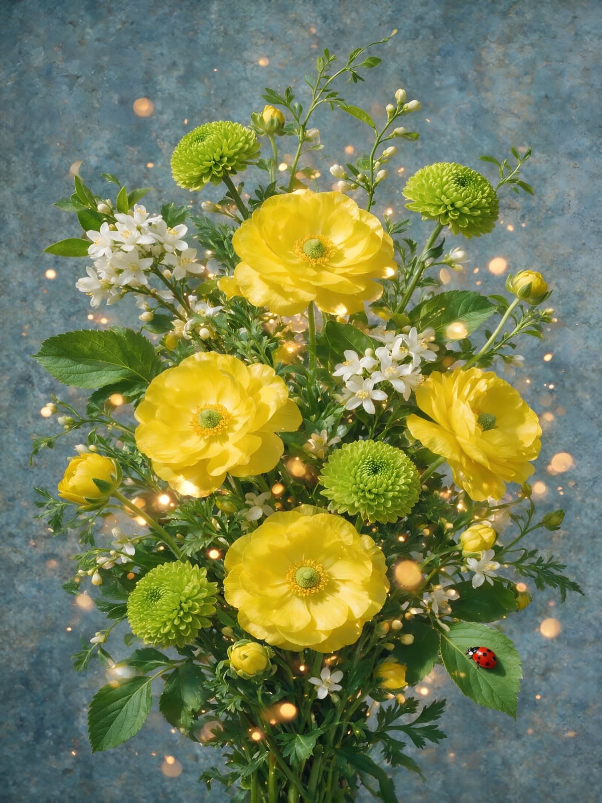 Gele ranonkels met groene bollen in boeket