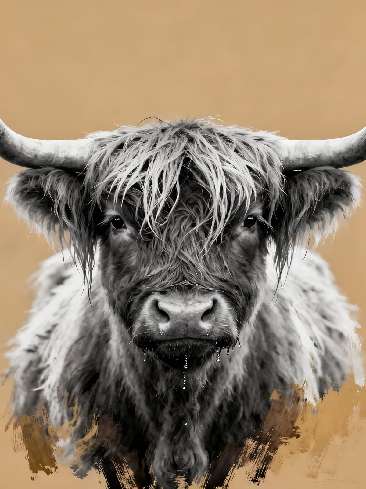 Zwartwit portret van een hooglander op beige