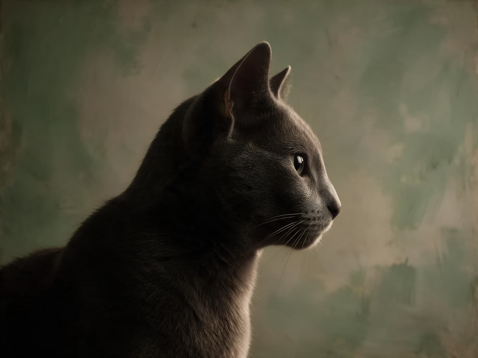 Grijze kat in profiel voor groene muur