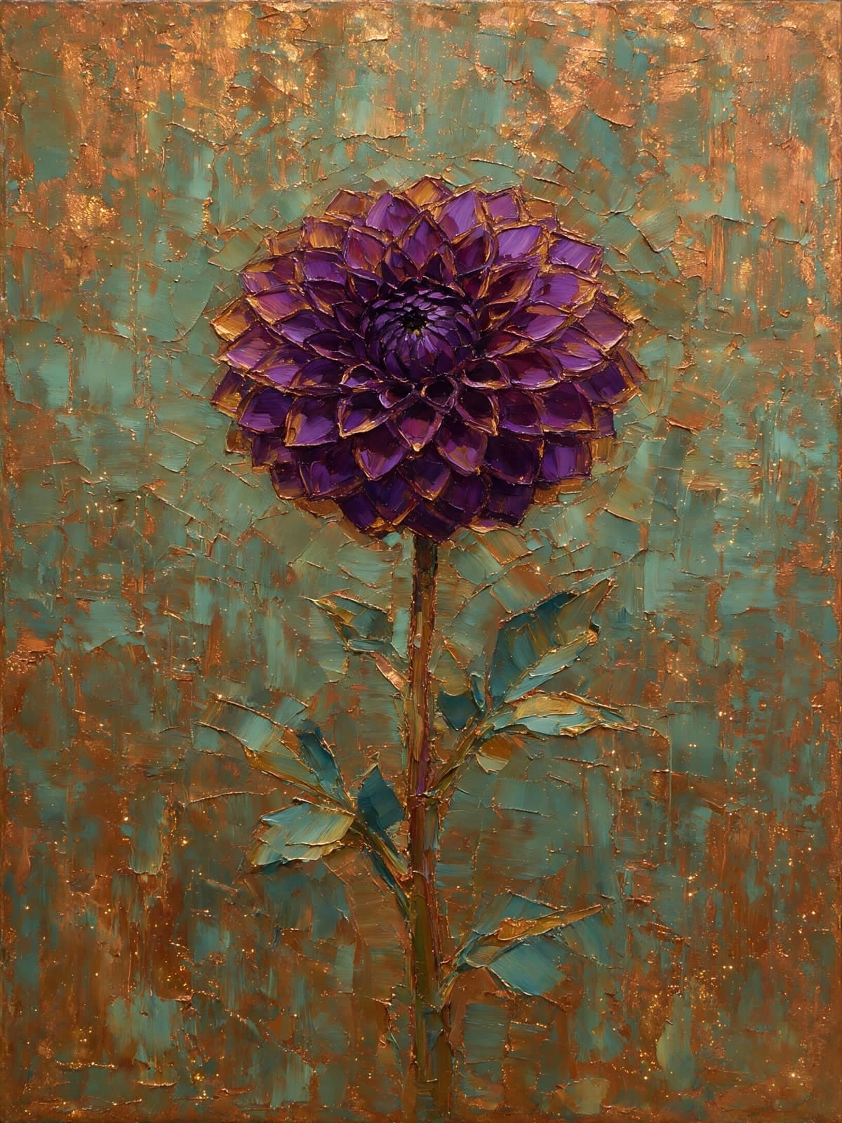 Paarse dahlia tegen koperkleurige en turquoise achtergrond
