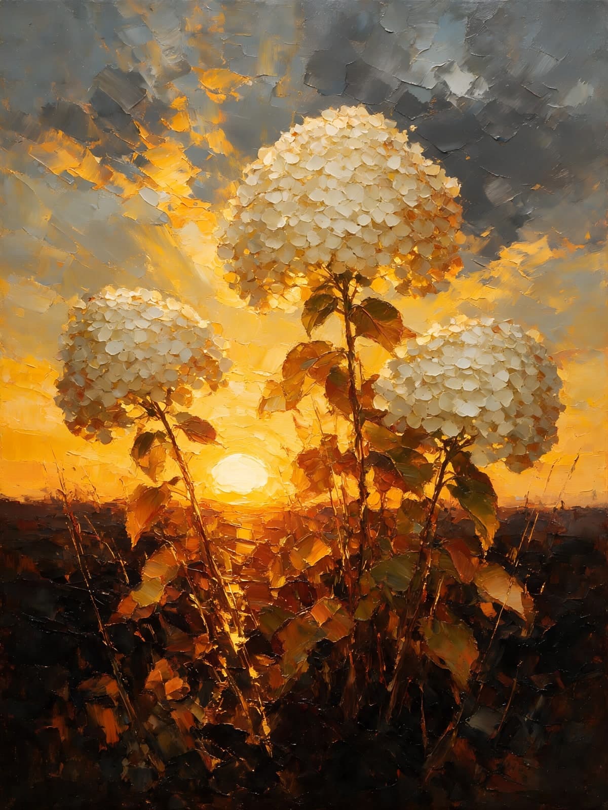 Witte hortensia's tegen ondergaande zon