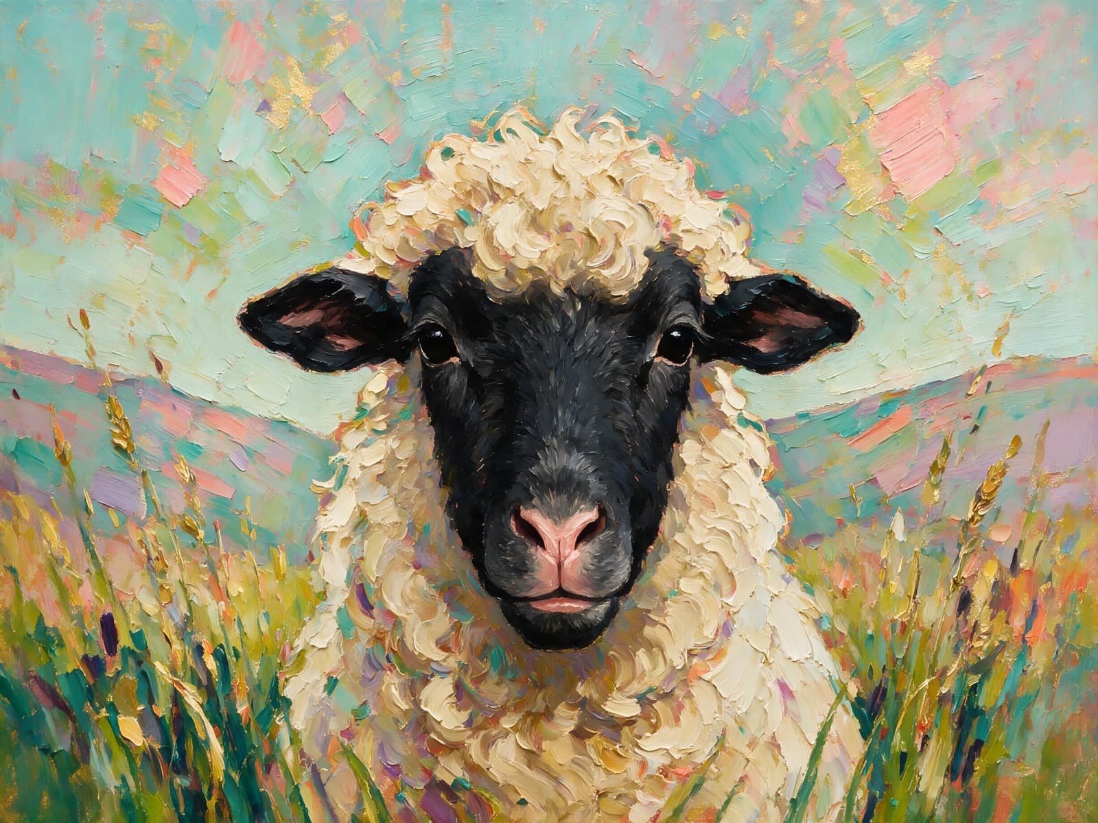 Zwartkop schaap voor pastelkleurige heuvels
