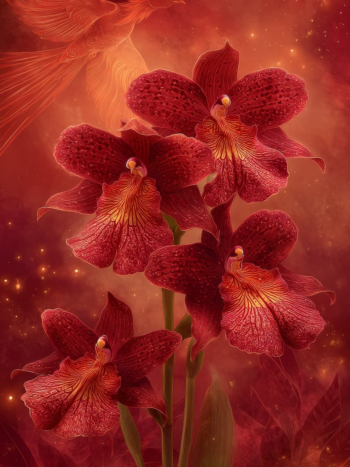 Rode orchideeën in een gloeiende nevel