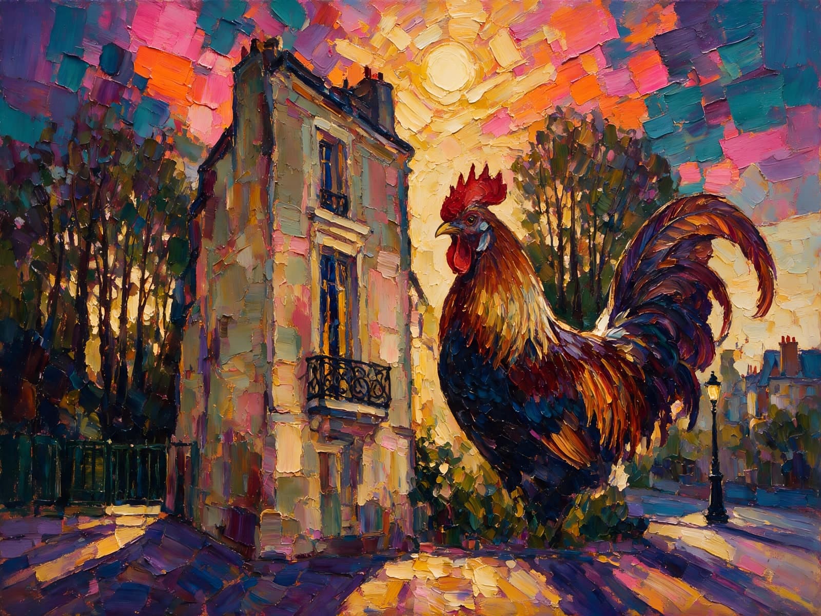 Haan naast een smal stadshuis bij zonsondergang