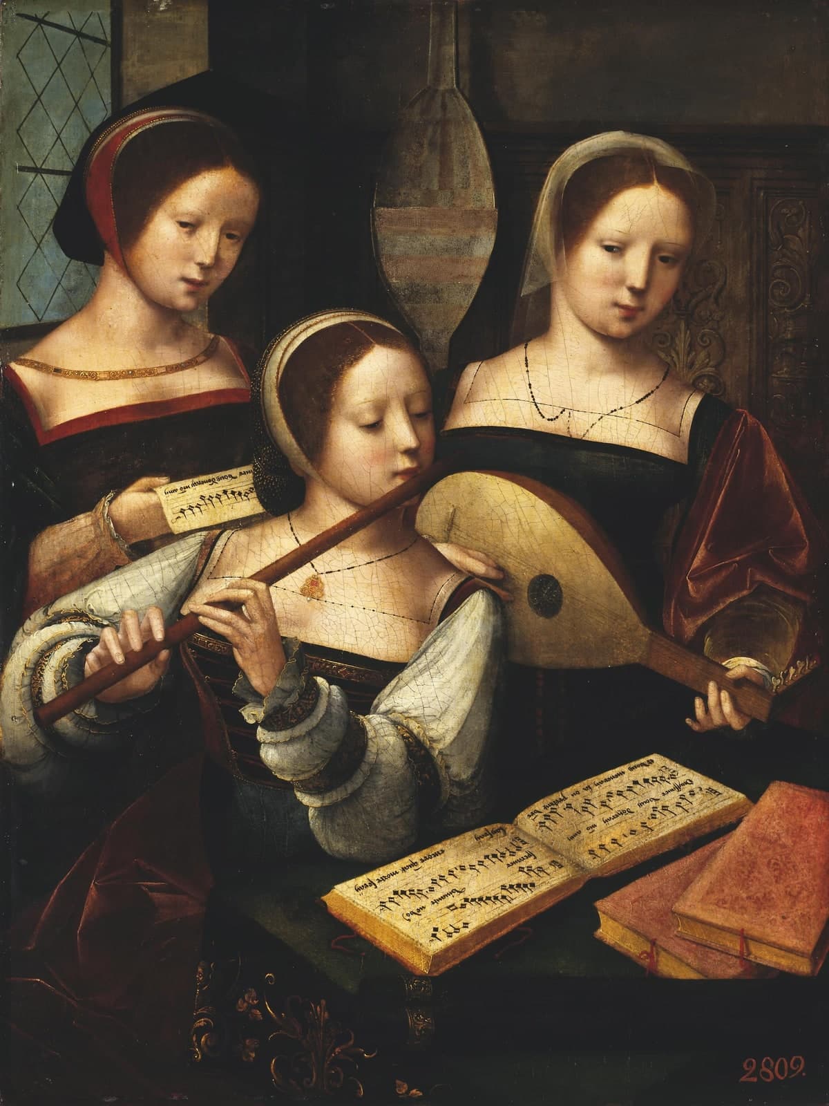 Musicerend gezelschap met drie jonge vrouwen