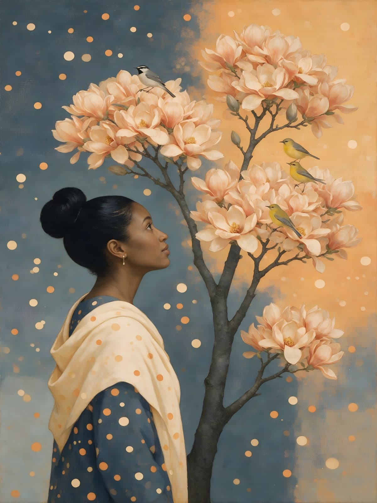 Vrouw kijkt naar een magnoliaboom met vogels