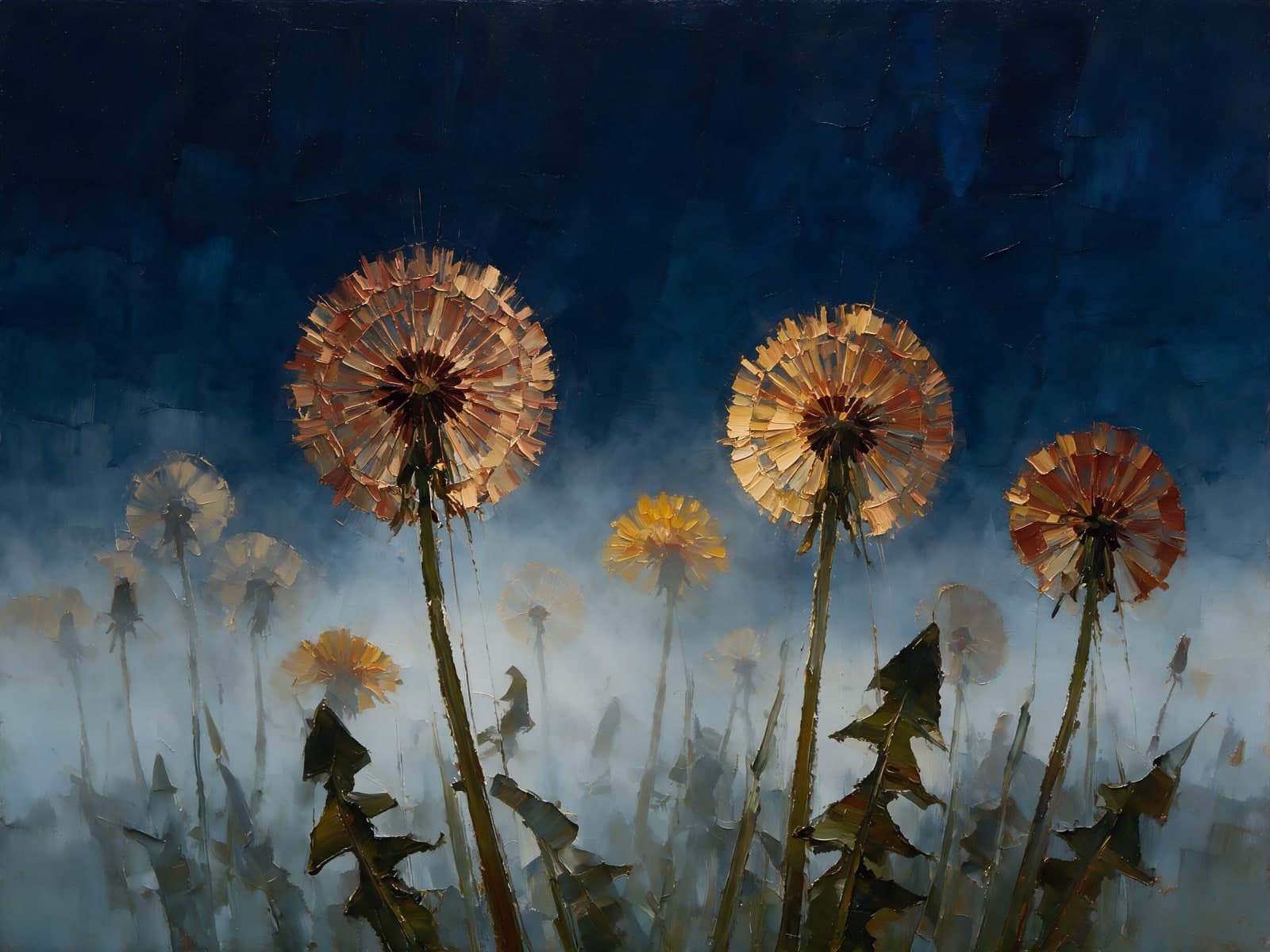 Paardenbloemen onder een donkerblauwe nachtlucht