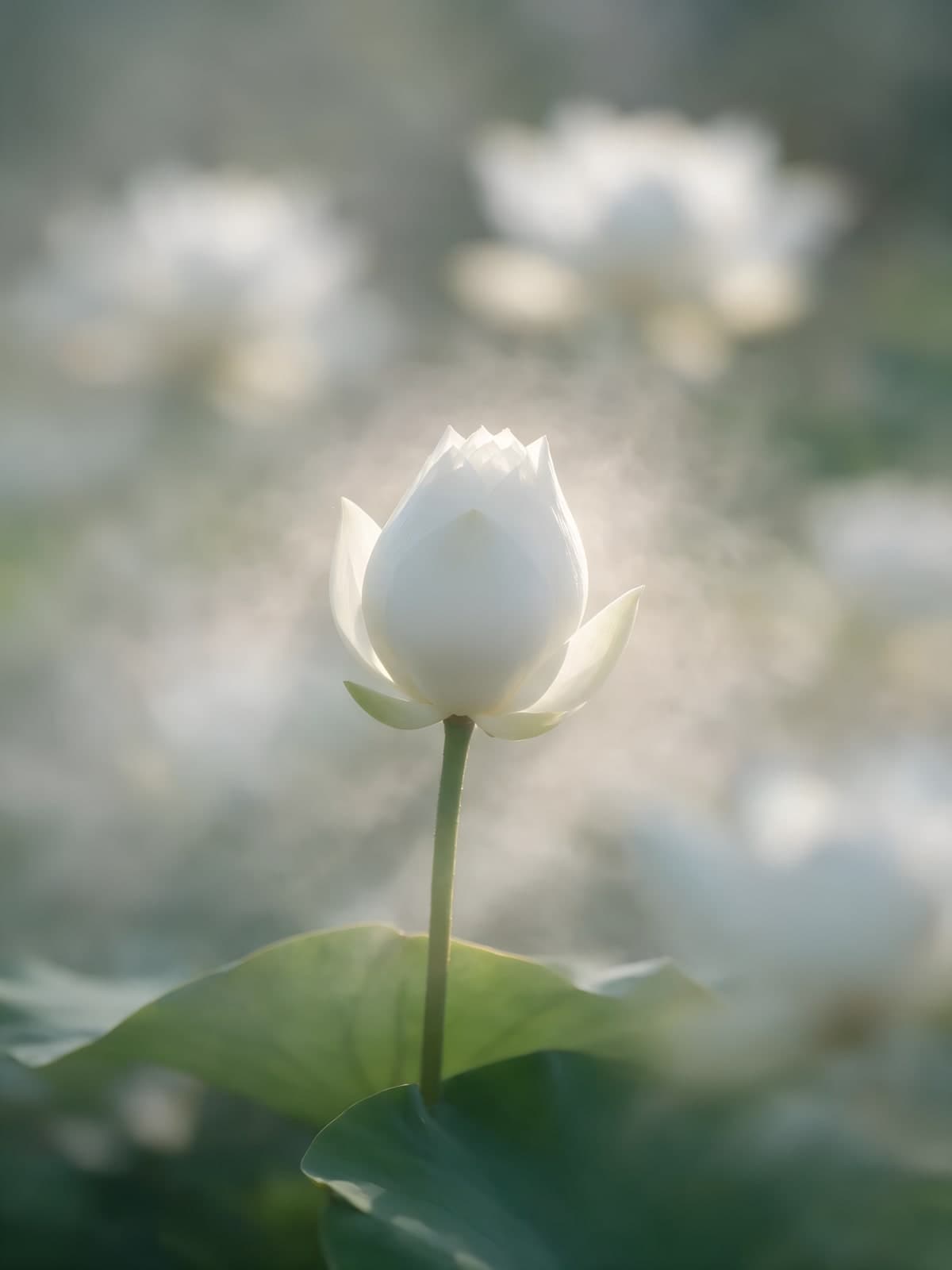 Witte lotusbloem in zacht mistig licht