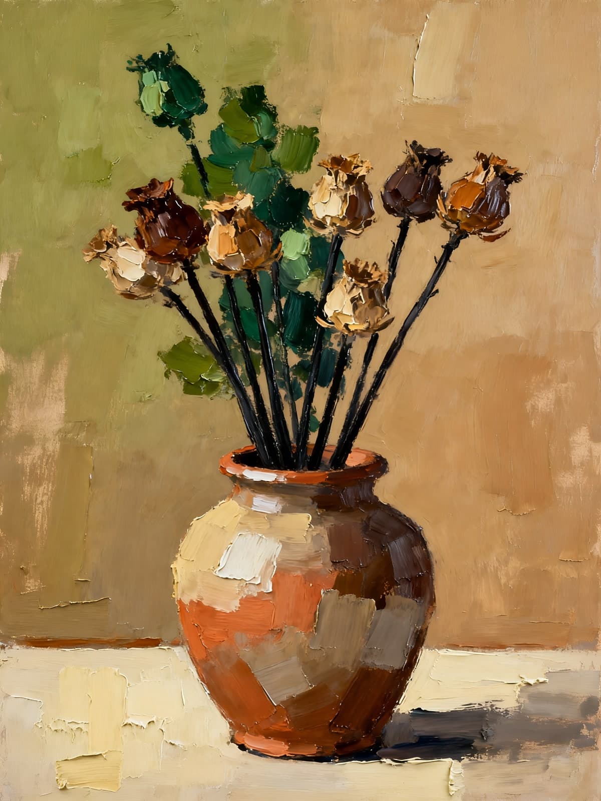 Gedroogde papaverkoppen in een terracotta vaas