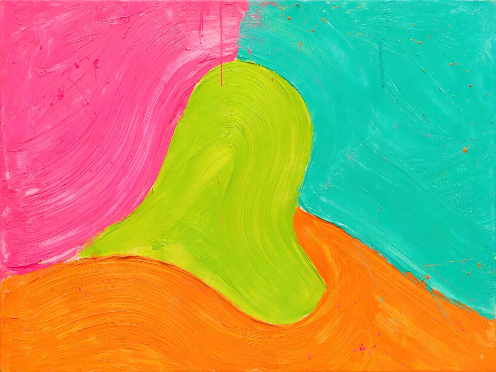 Groene vorm tussen roze, turkoois en oranje