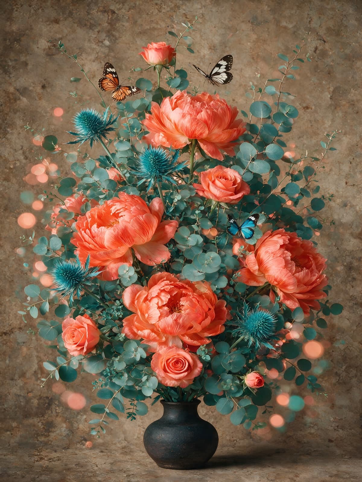 Koraalrode rozen met eucalyptus en vlinders