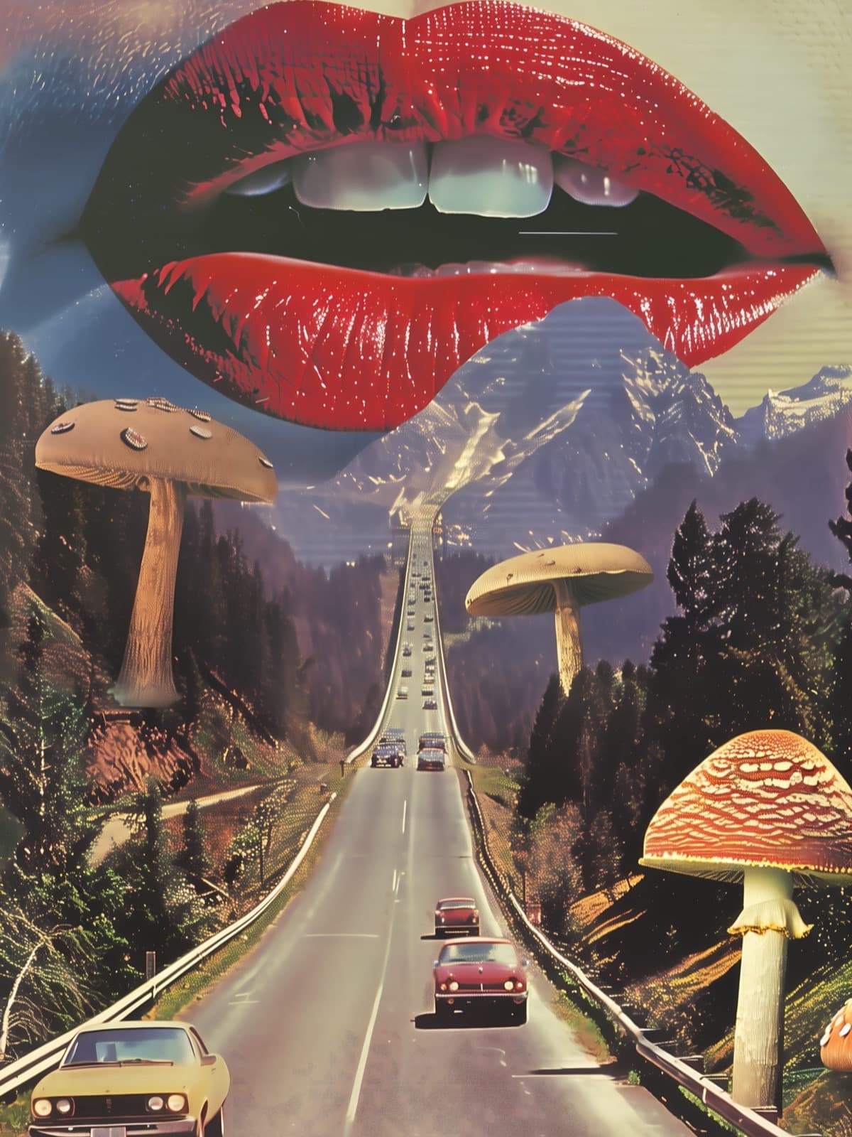 Rode lippen boven snelweg met paddenstoelen