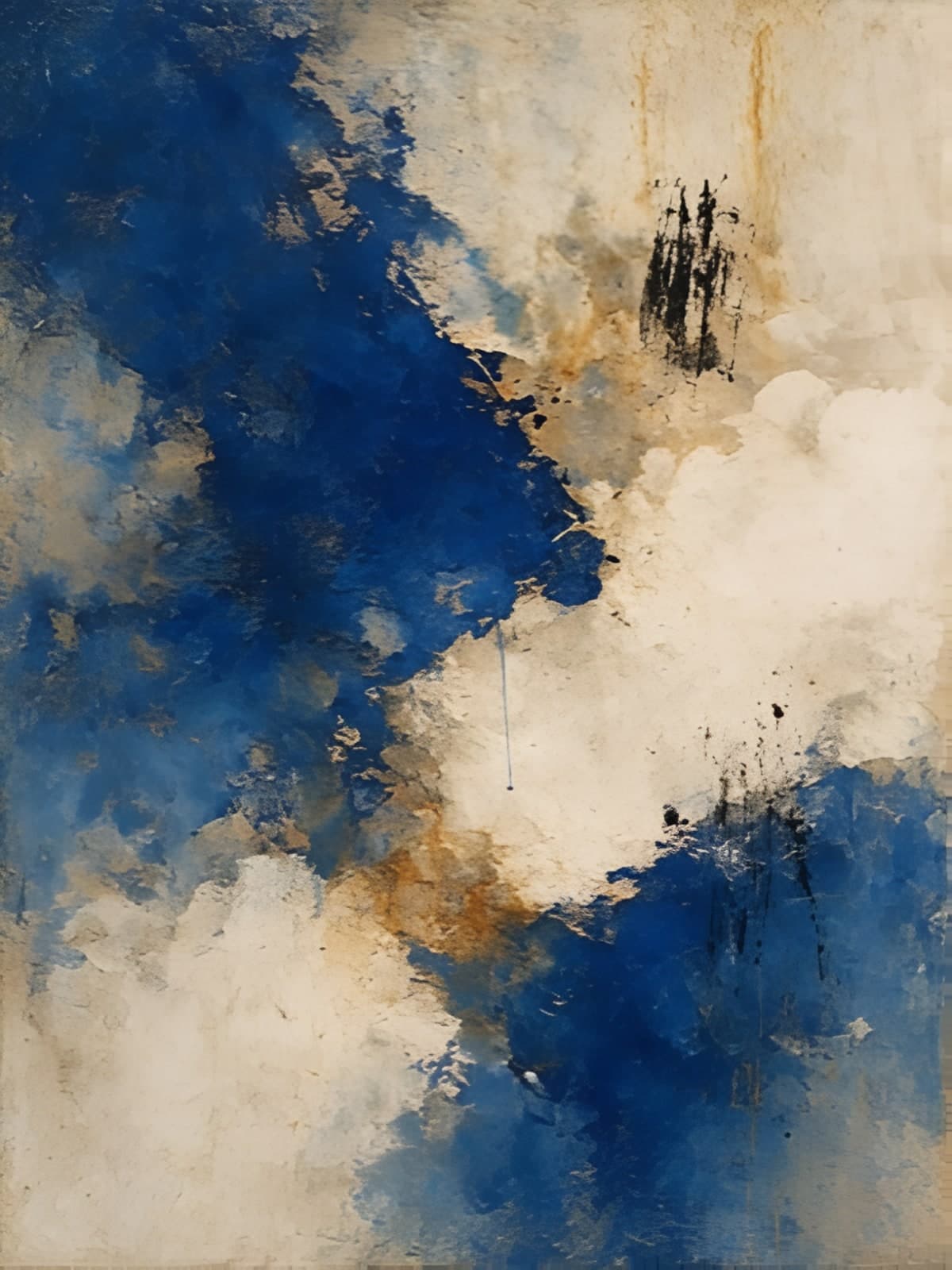 Blauwe en crèmewitte wolkenvlakken met zwarte krassen