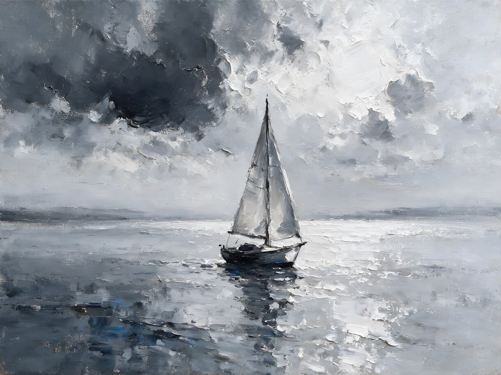 Zeilboot op glinsterend water onder zware wolken