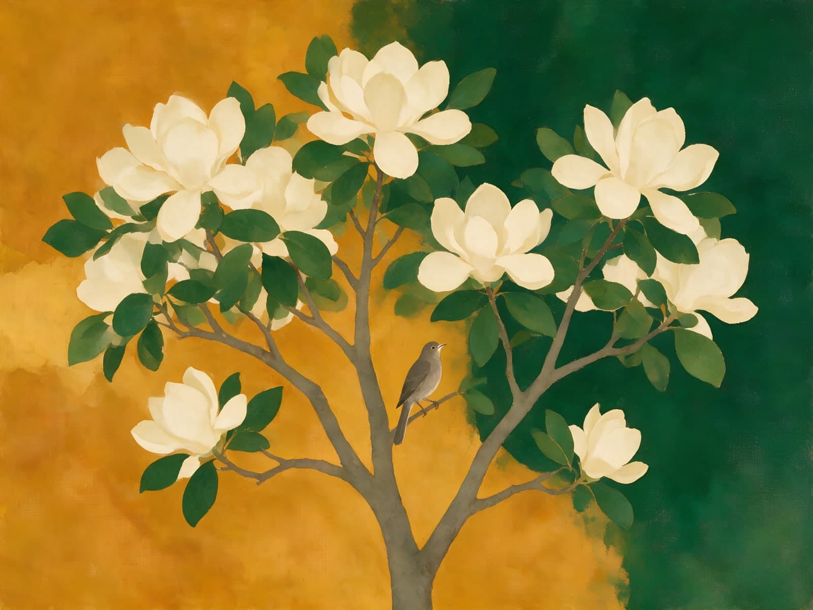Magnolia met vogeltje op geel en groen