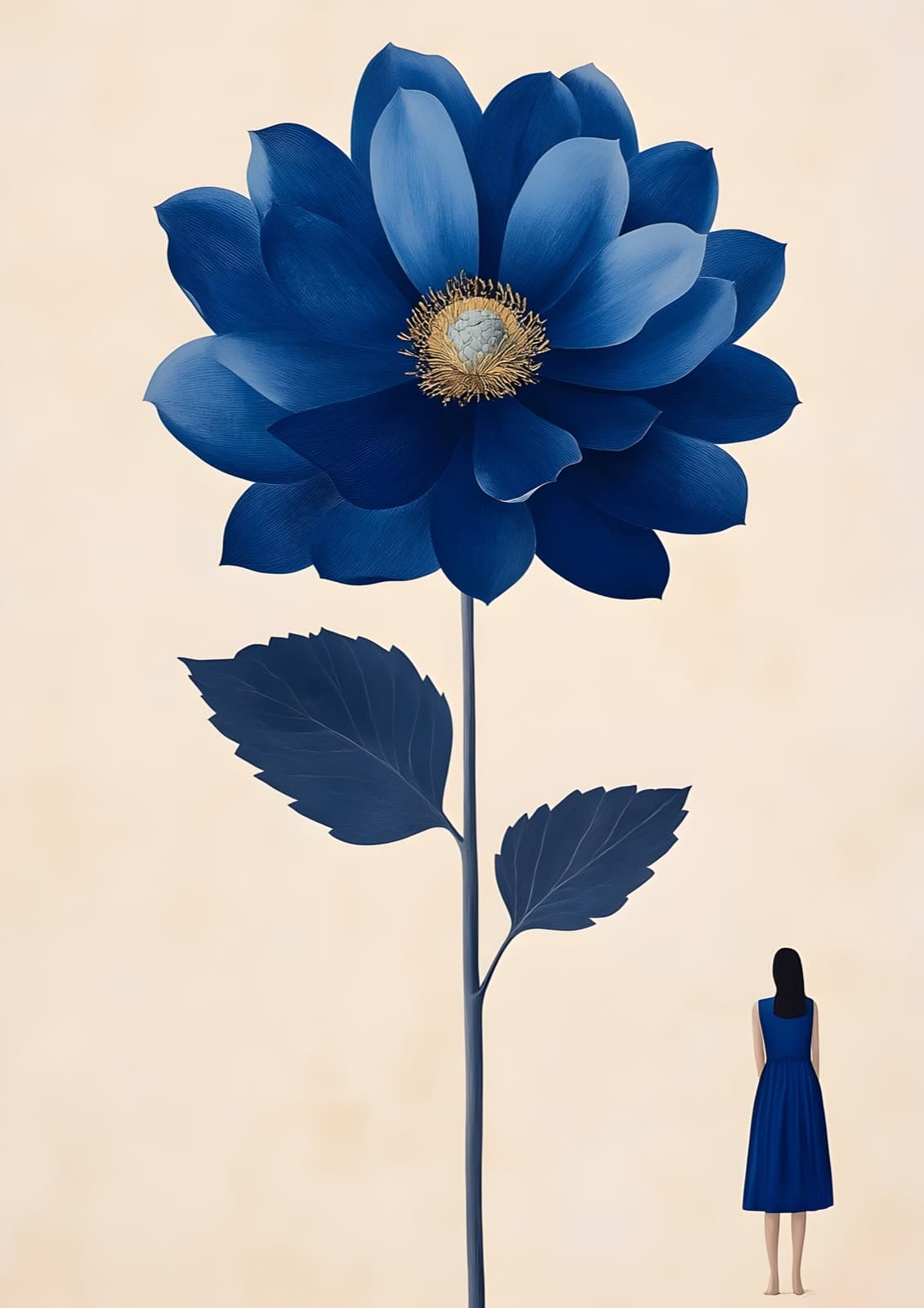 Reusachtige blauwe bloem boven klein meisje