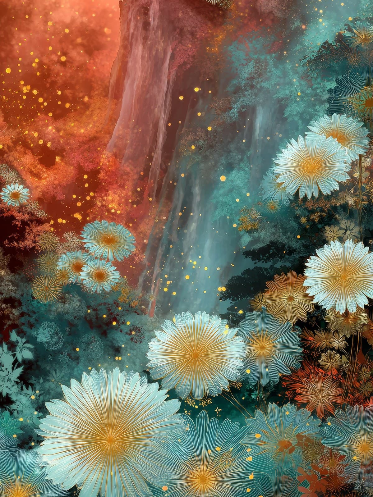 Witte madeliefjes bij een turquoise bosbeek