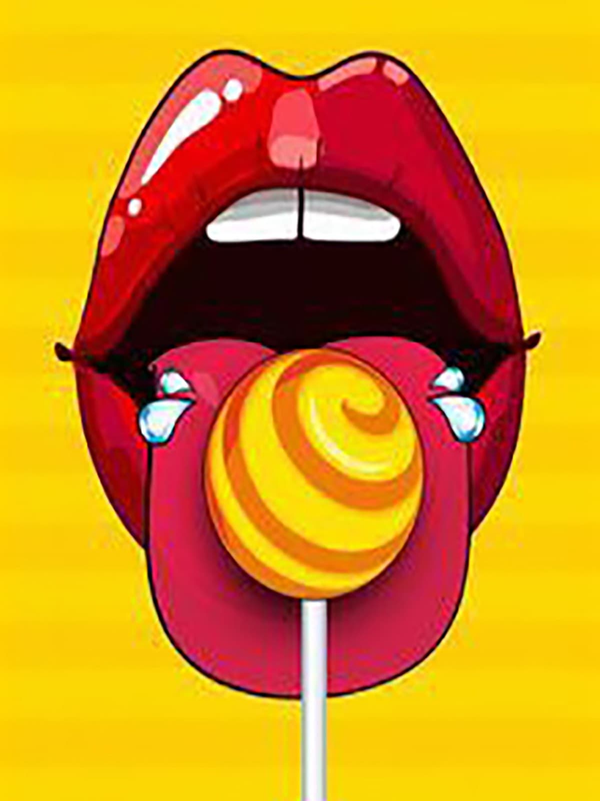Rode lippen met gespiraalde lolly op geel