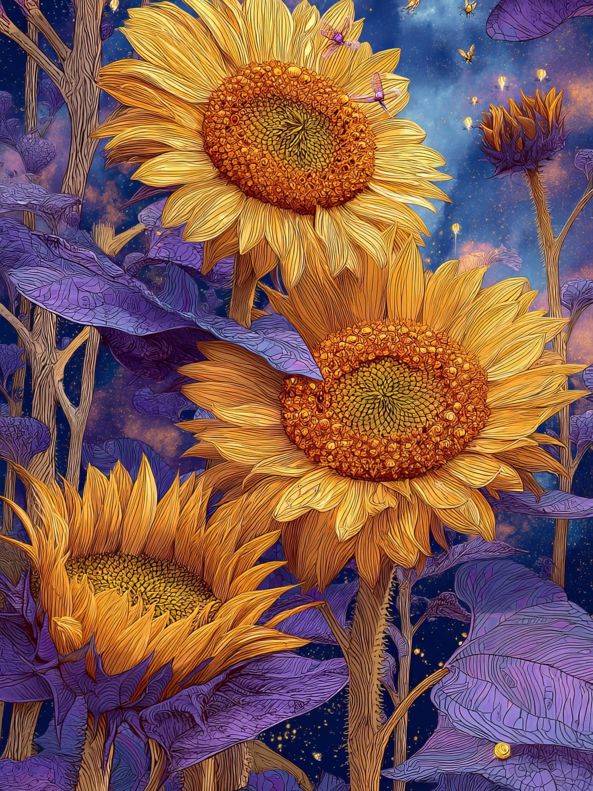 Oranje zonnebloemen met paarse bladeren