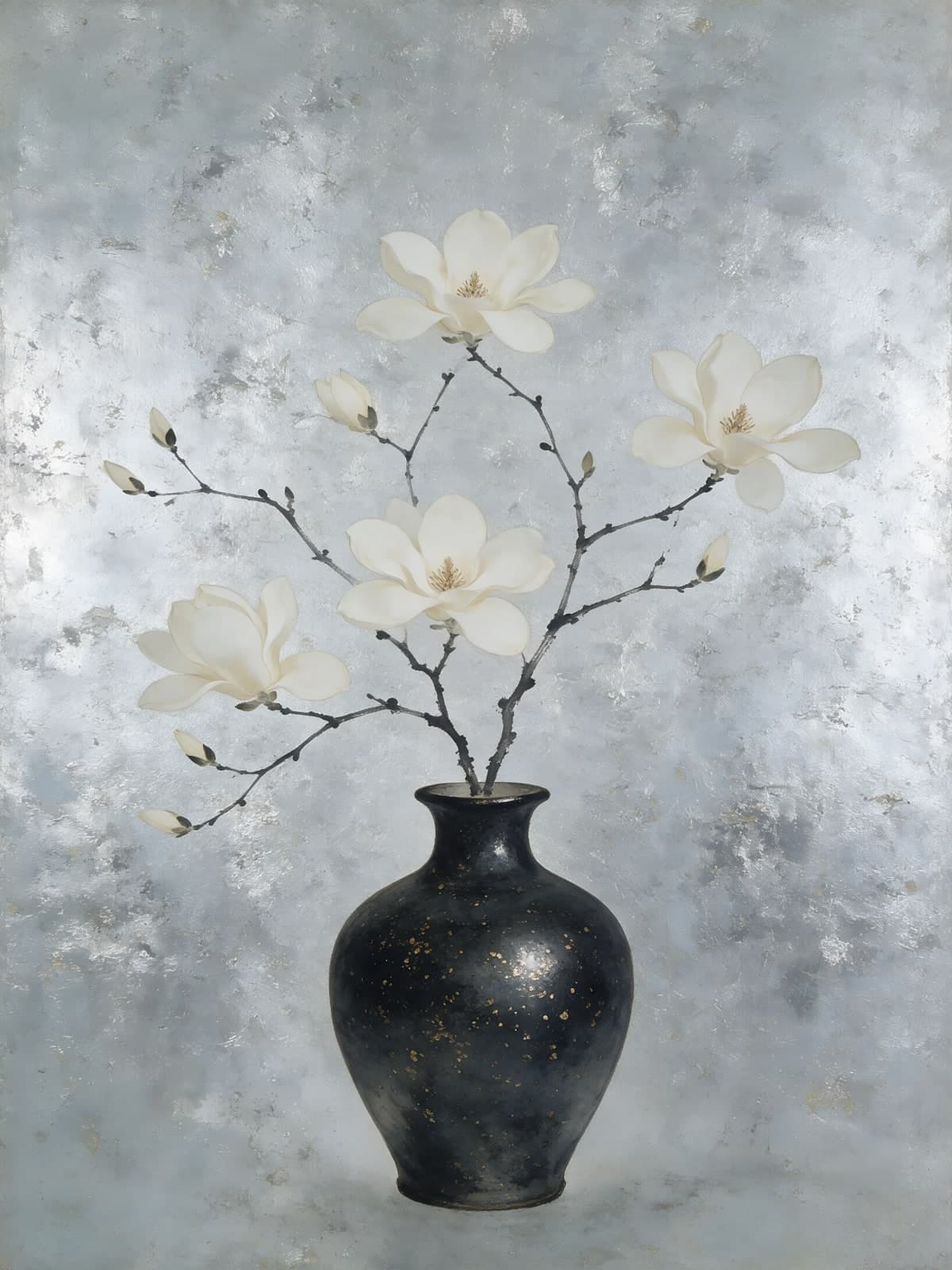 Witte magnolia's in een zwarte vaas