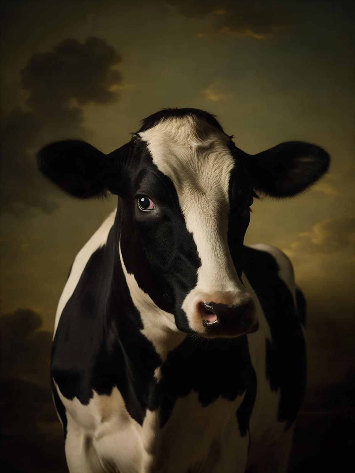 Zwartbonte koe voor een donkere lucht