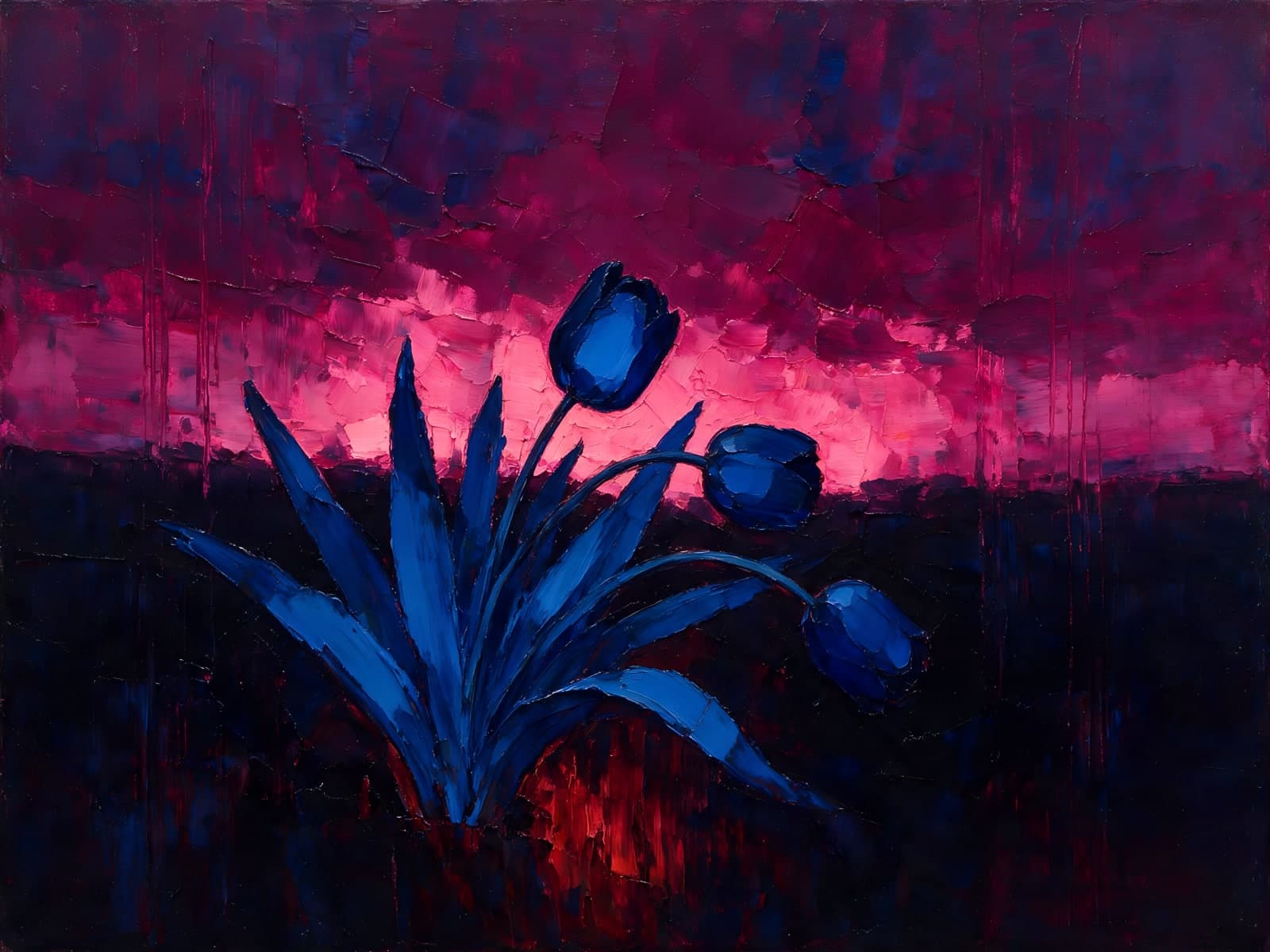 Blauwe tulpen onder magenta lucht