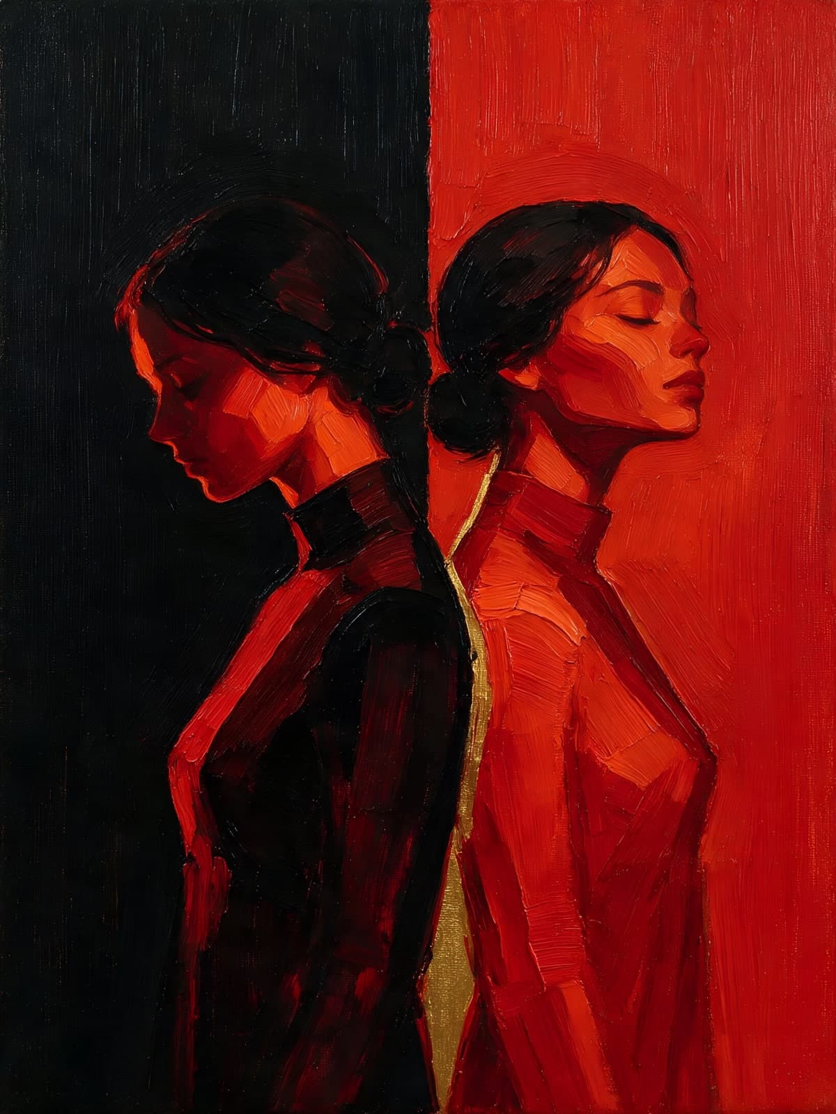 Twee vrouwen rug aan rug in rood
