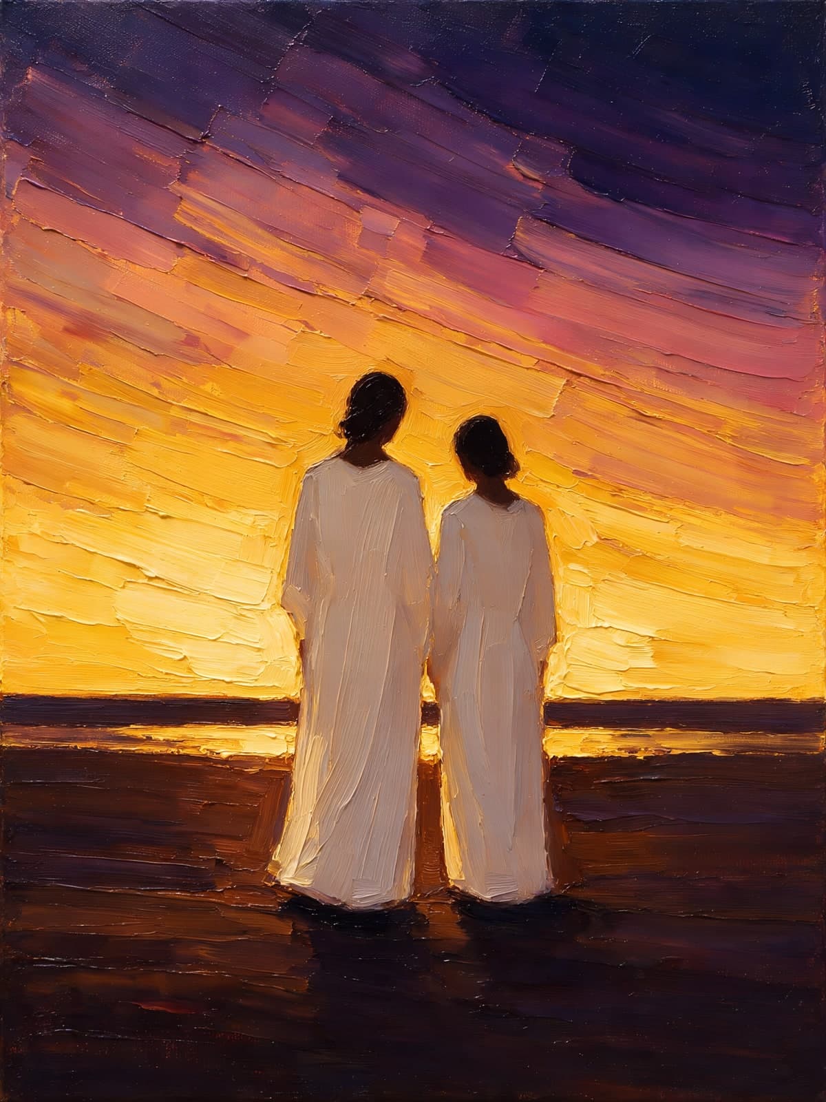 Twee vrouwen in wit kijken naar zonsondergang