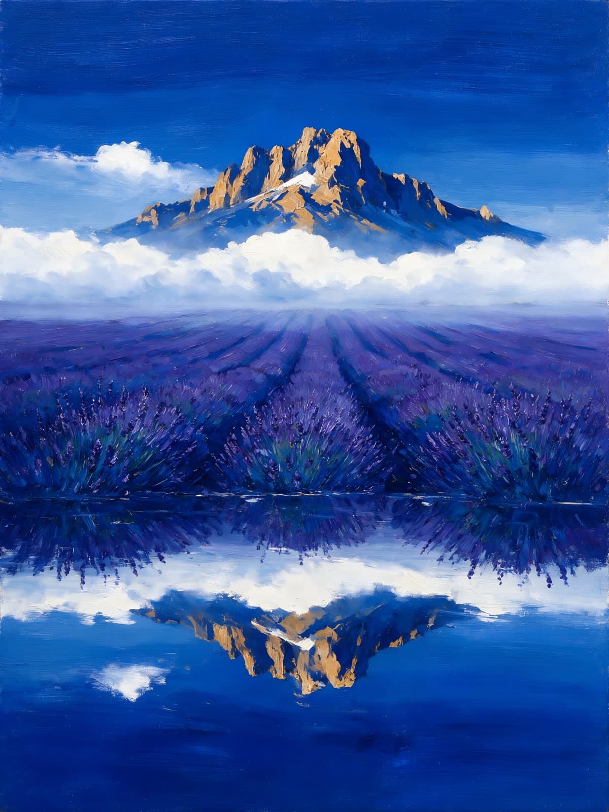 Bergtop met spiegeling boven lavendelvelden