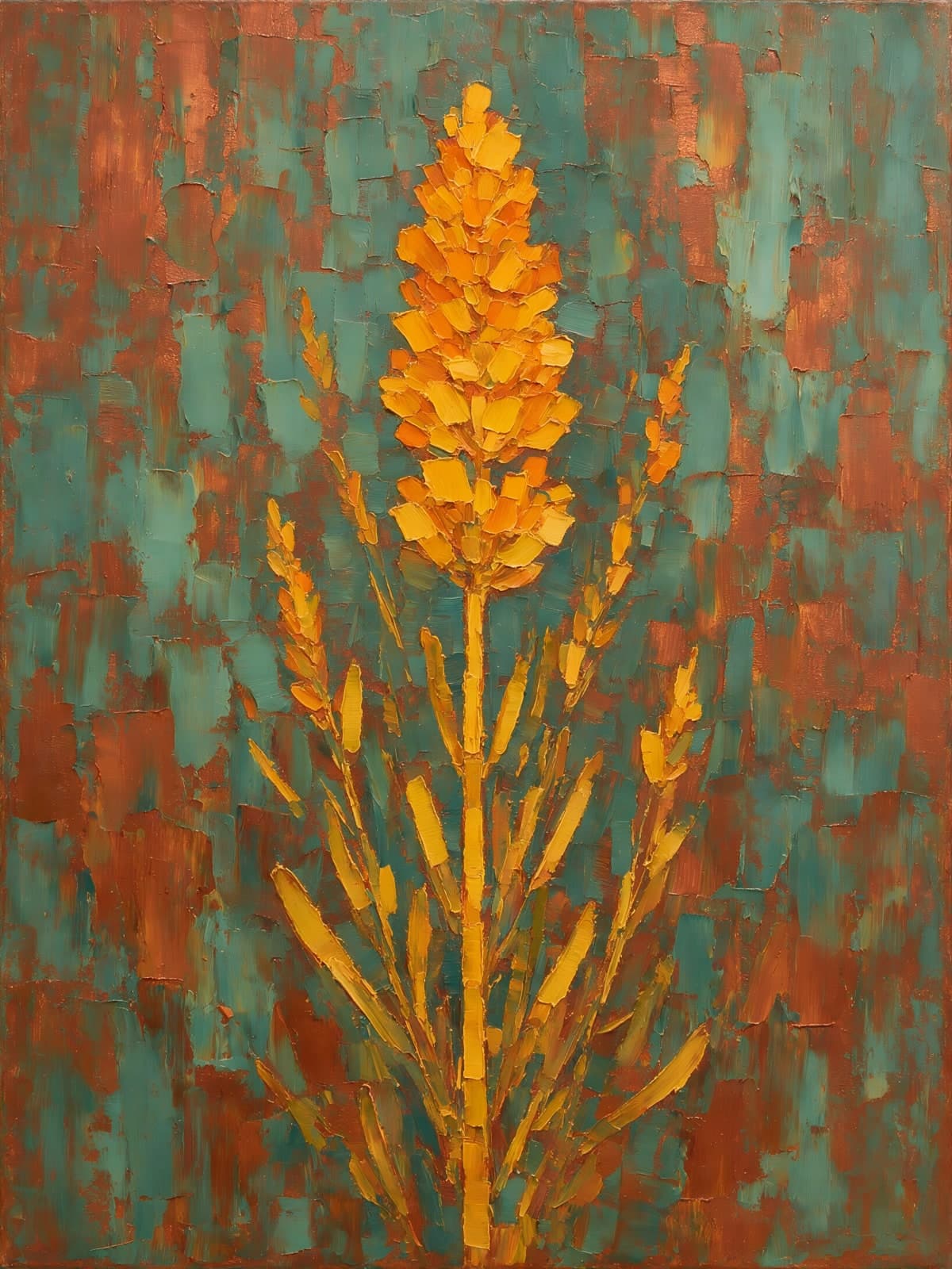 Oranje bloemenaar op turquoise en roestrode achtergrond