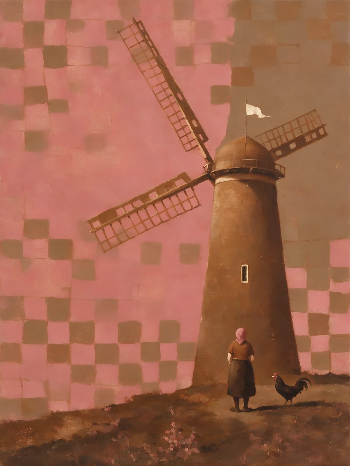 Molen met geblokte roze muur en vrouw