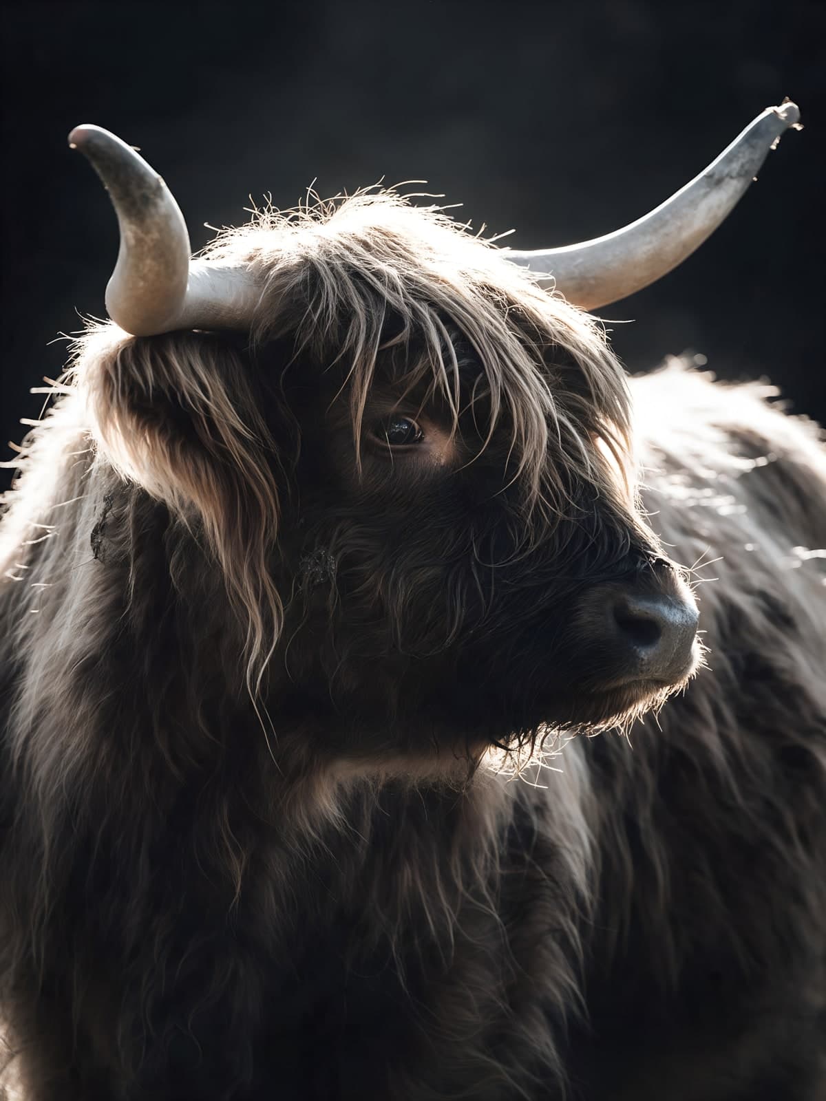 Hooglander met hoorns in tegenlicht