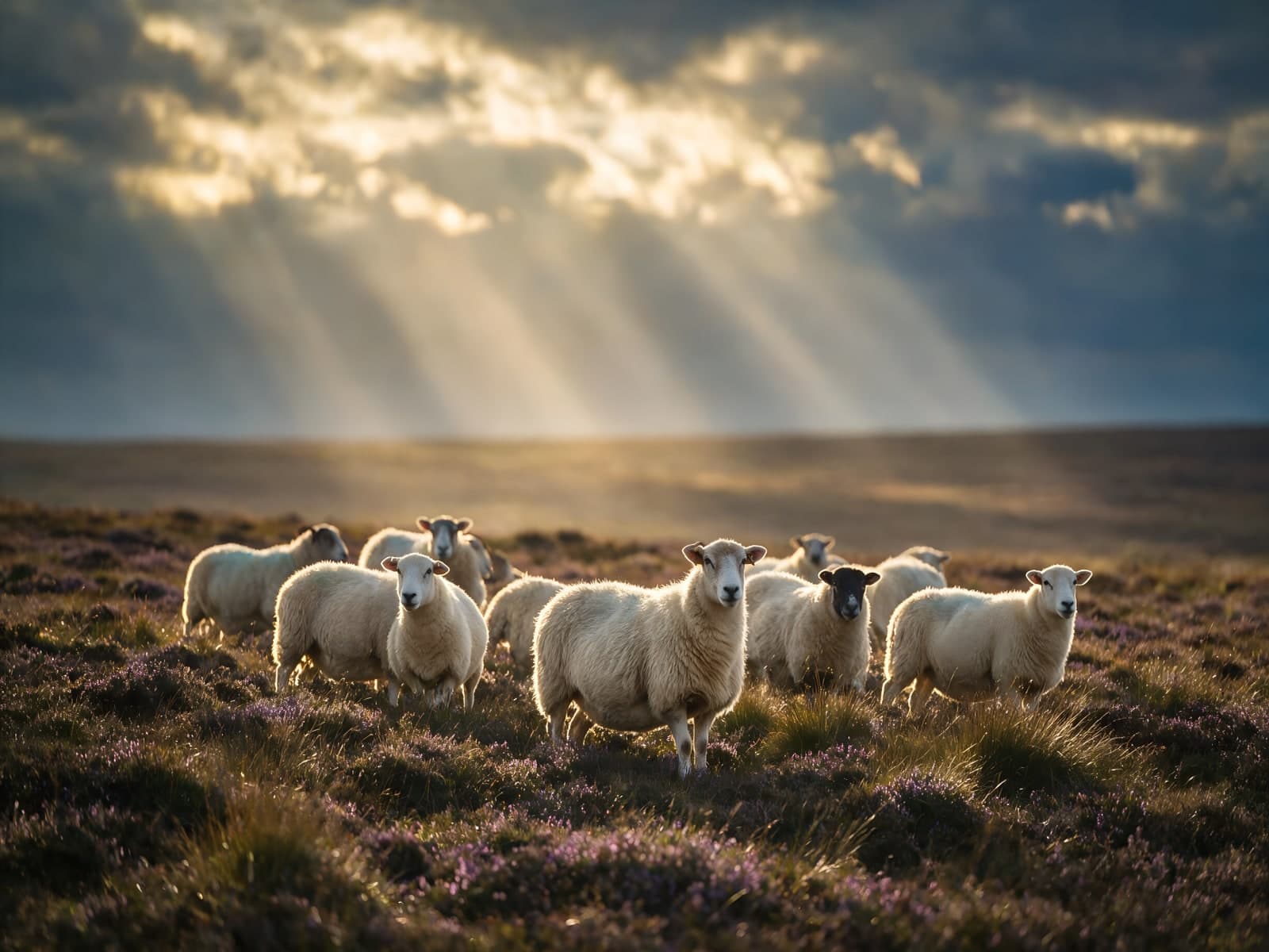 Schapen op de heide onder doorbrekend zonlicht