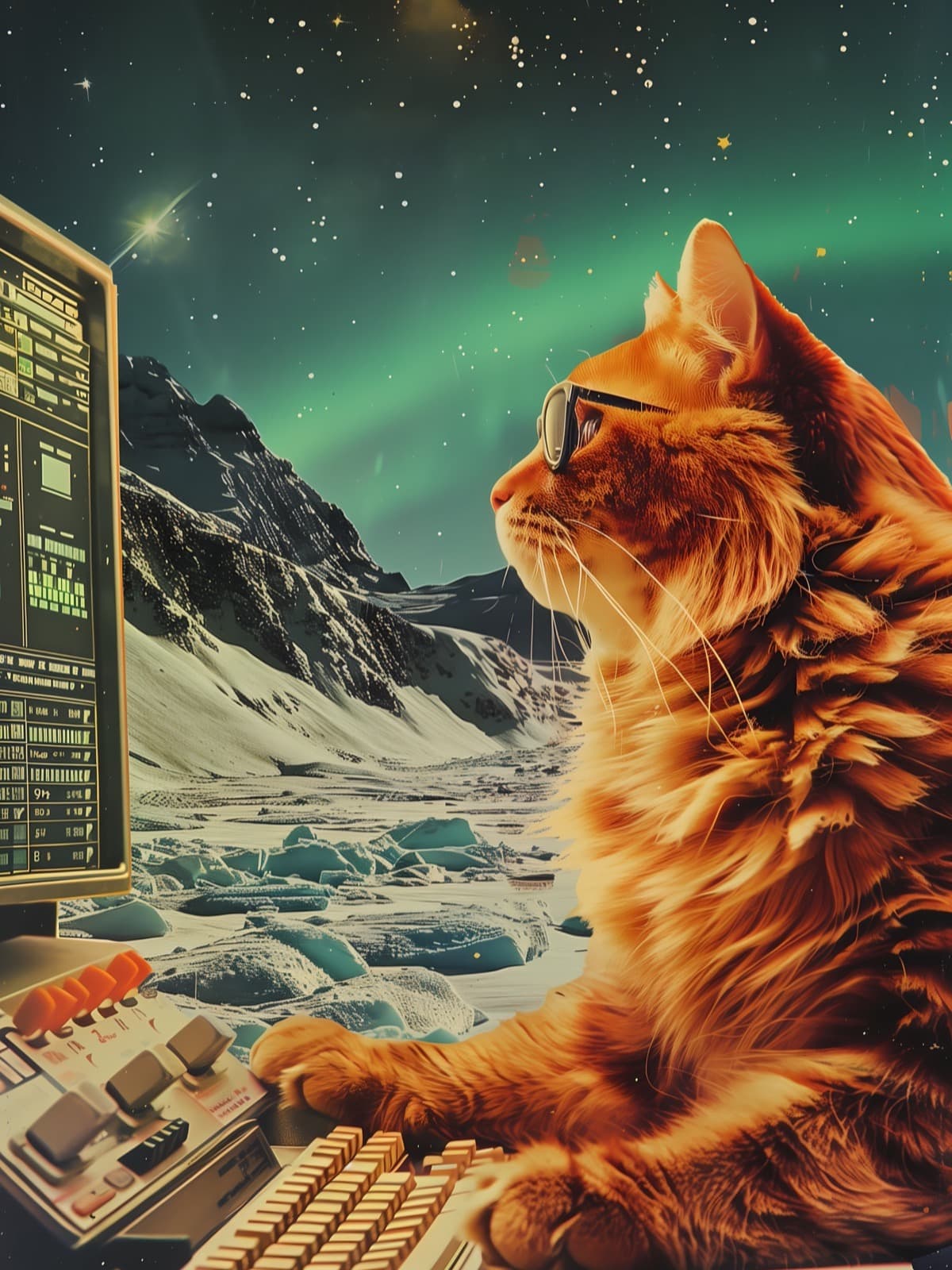 Oranje kat achter een computer bij noorderlicht
