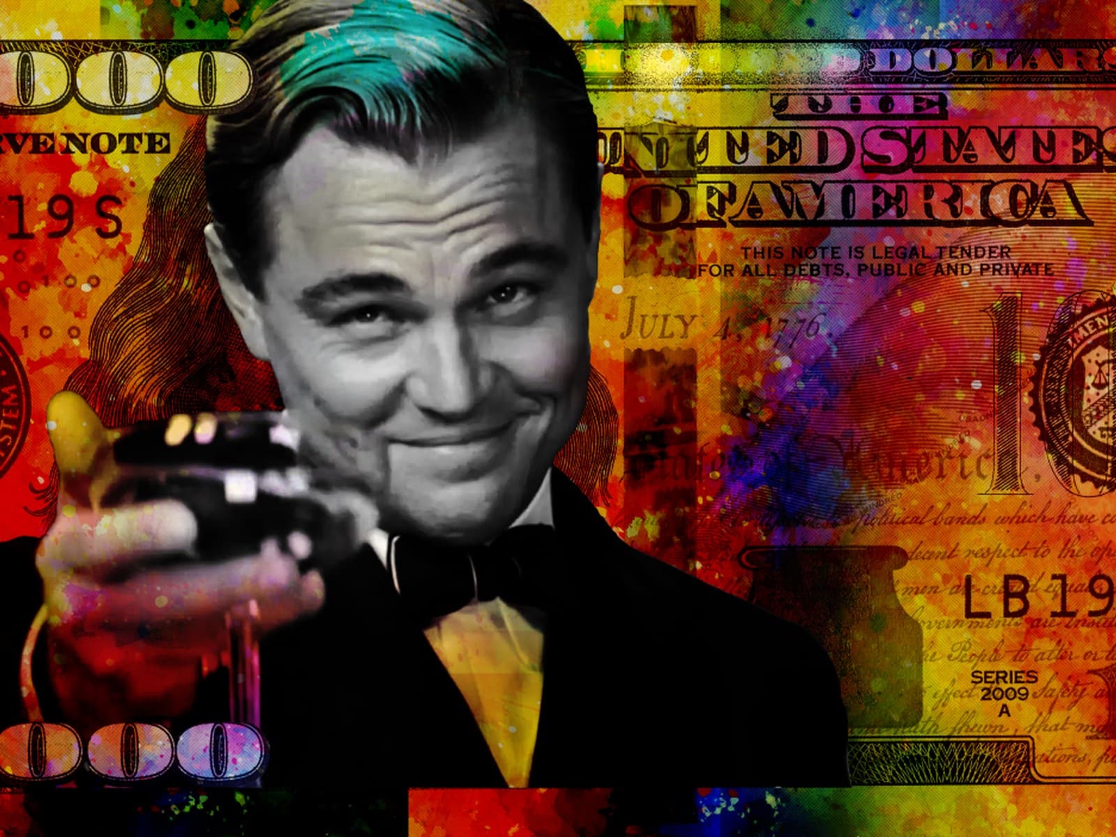 Lachende man met glas voor een dollarbiljet