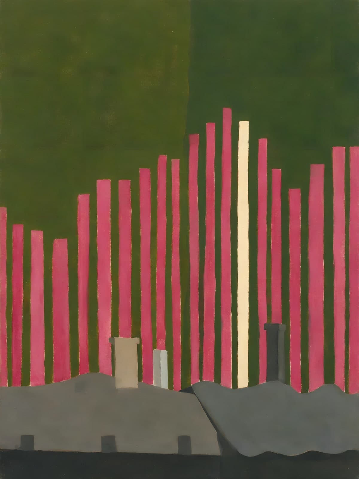 Roze banen boven grijze daken