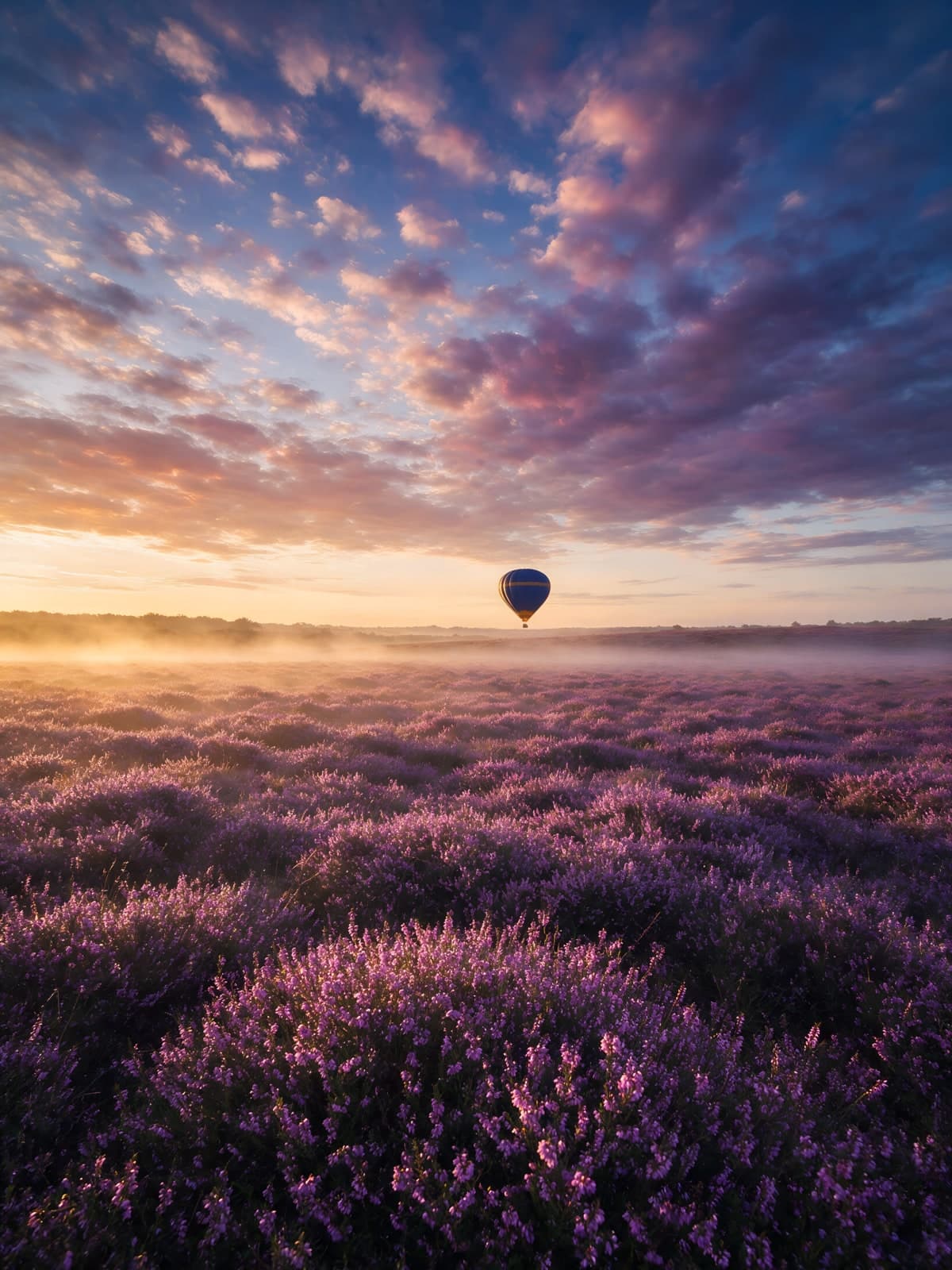 Heteluchtballon boven paarse velden bij zonsopgang