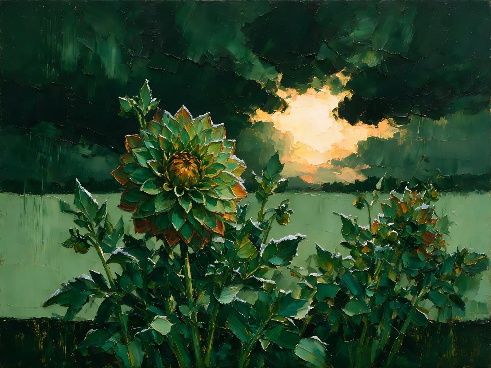 Groene dahlia's onder donkere stormwolken