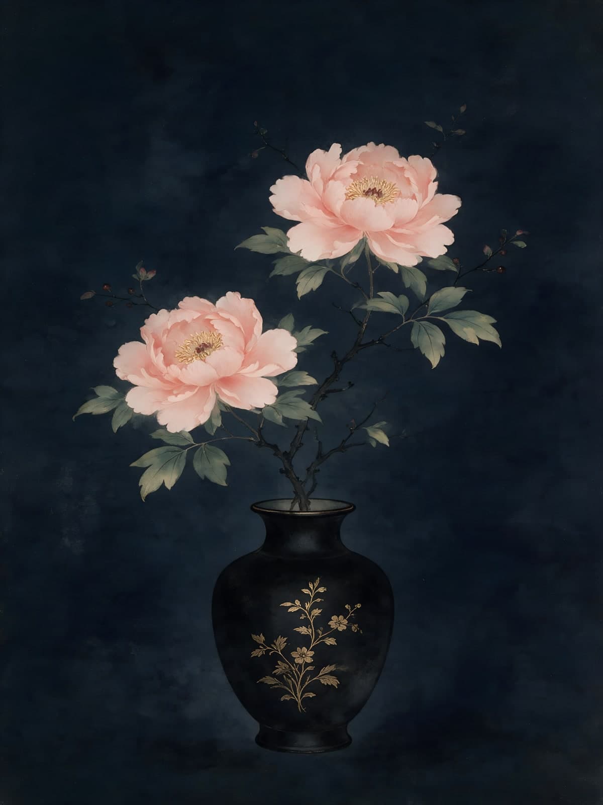 Roze pioenen in een zwarte vaas