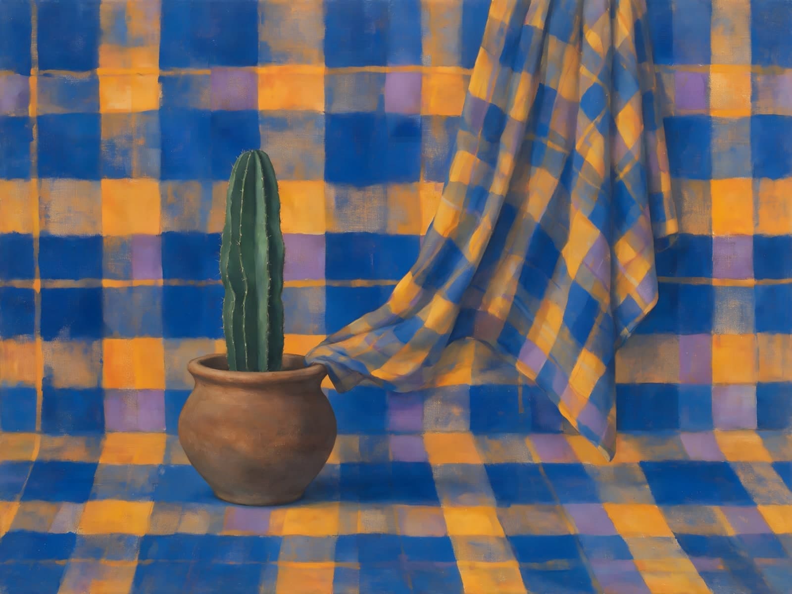 Cactus in pot voor blauw geruit doek
