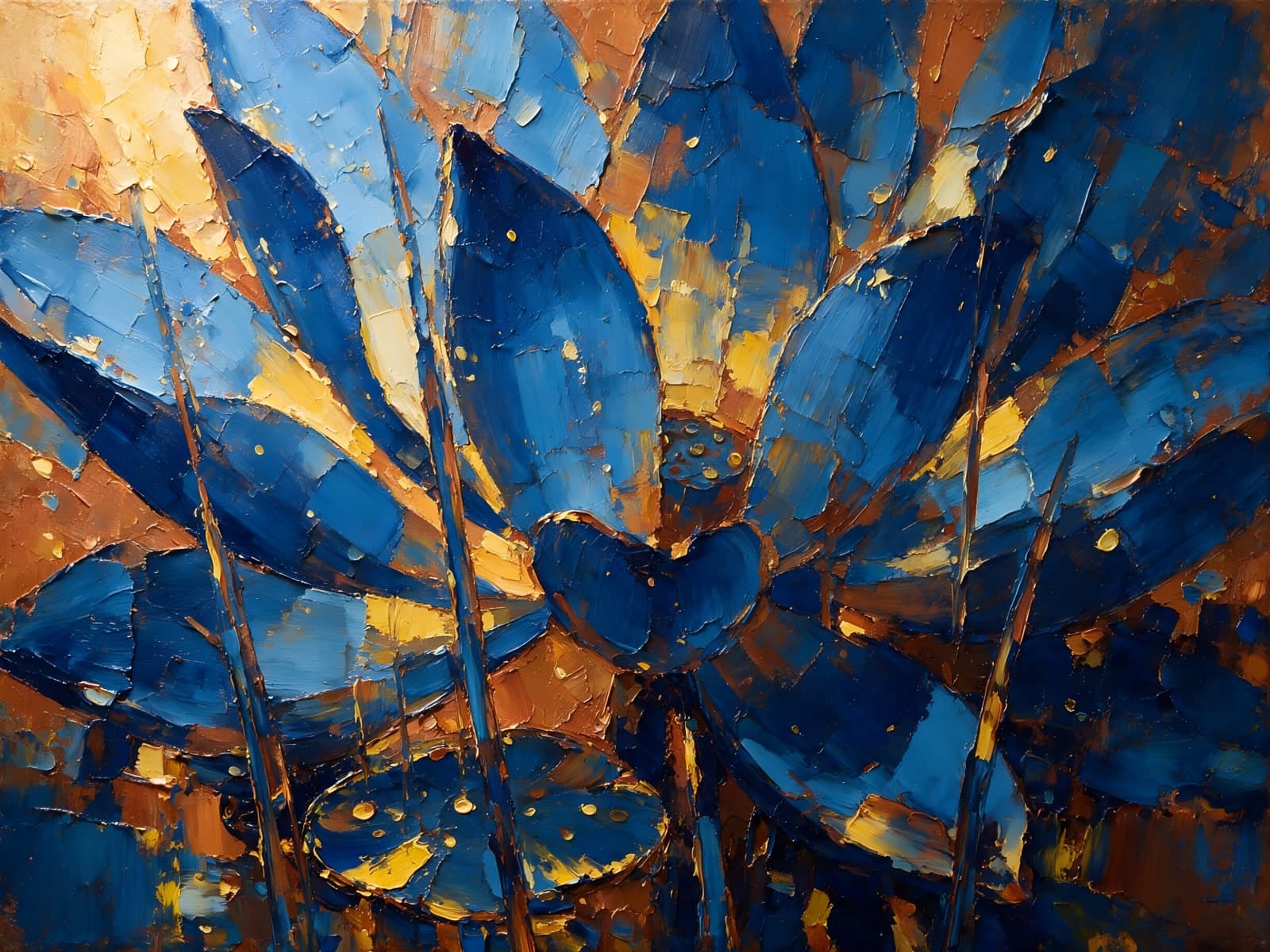 Blauwe bladeren in dikke gouden verf