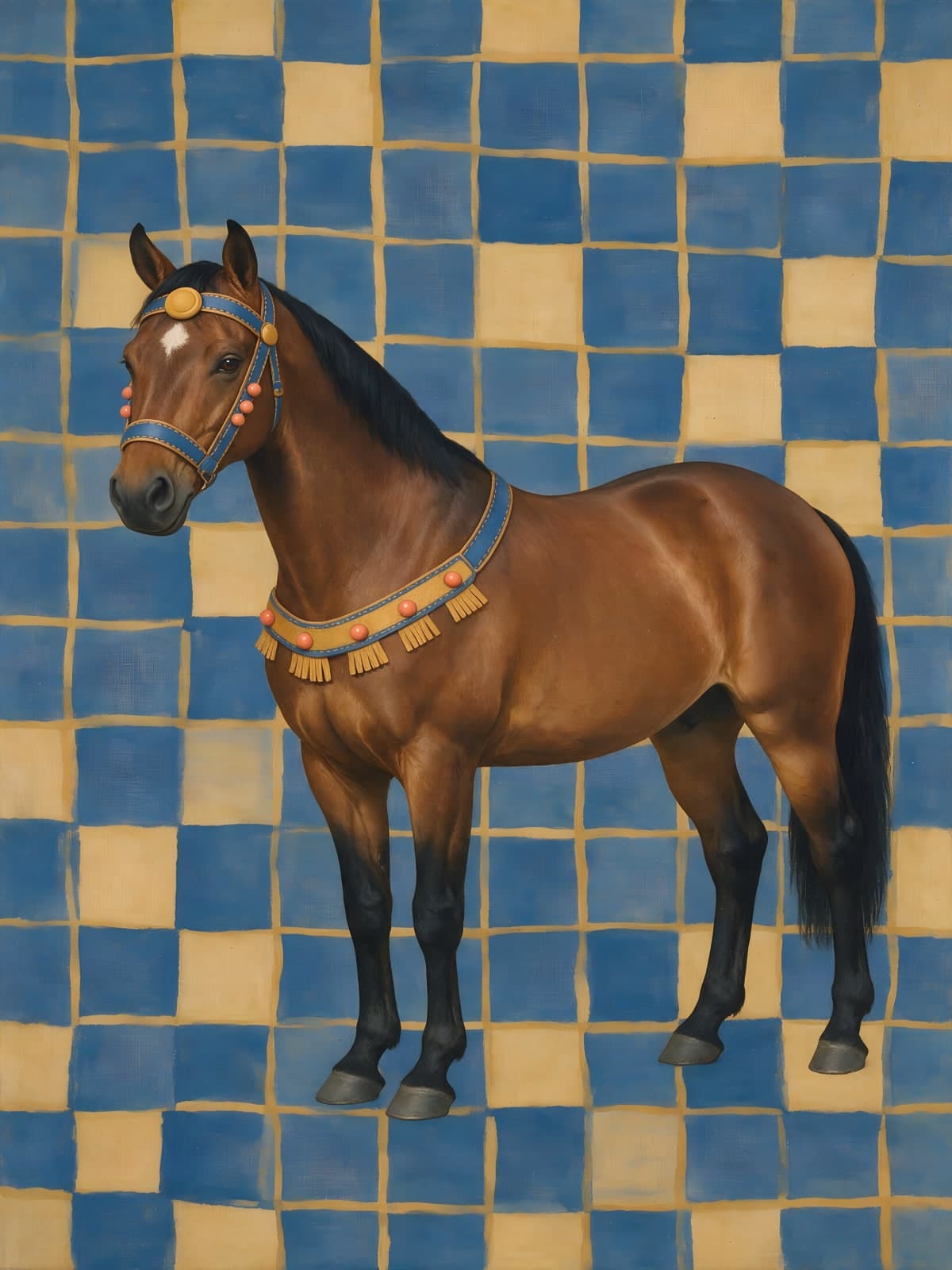 Bruin paard op blauw geblokte ondergrond