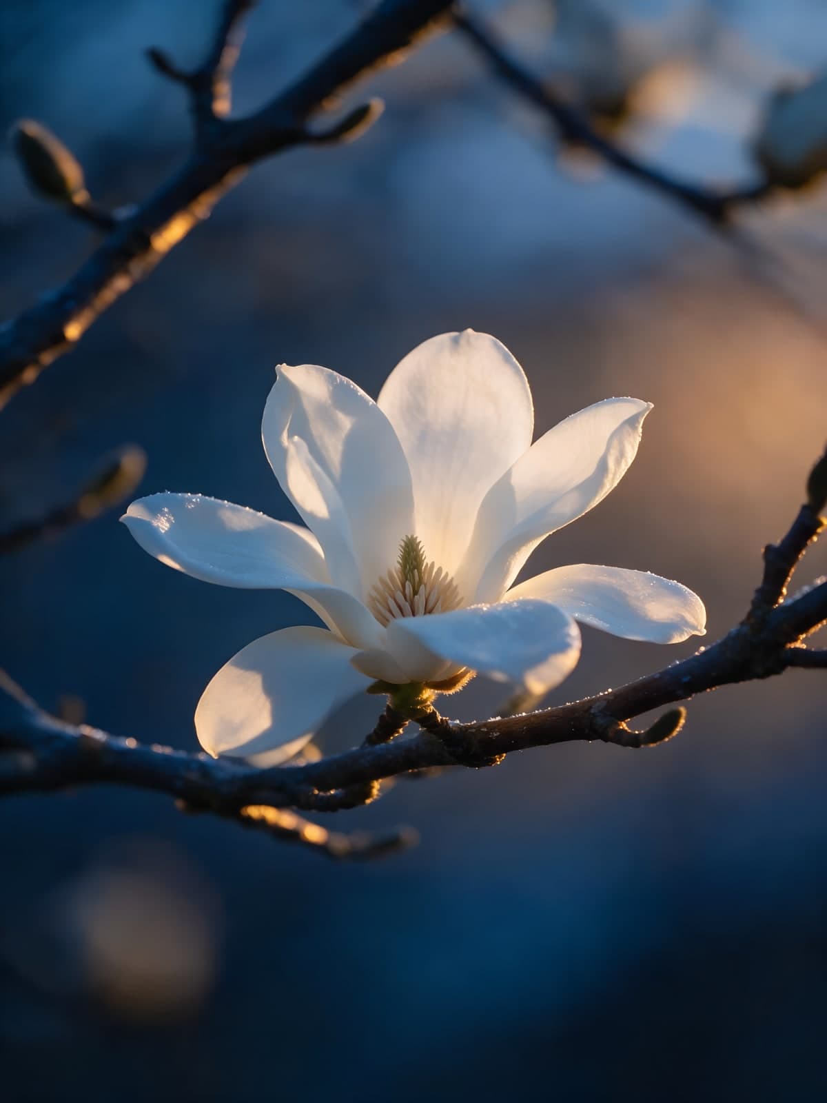 Witte magnolia aan tak tegen donkerblauw