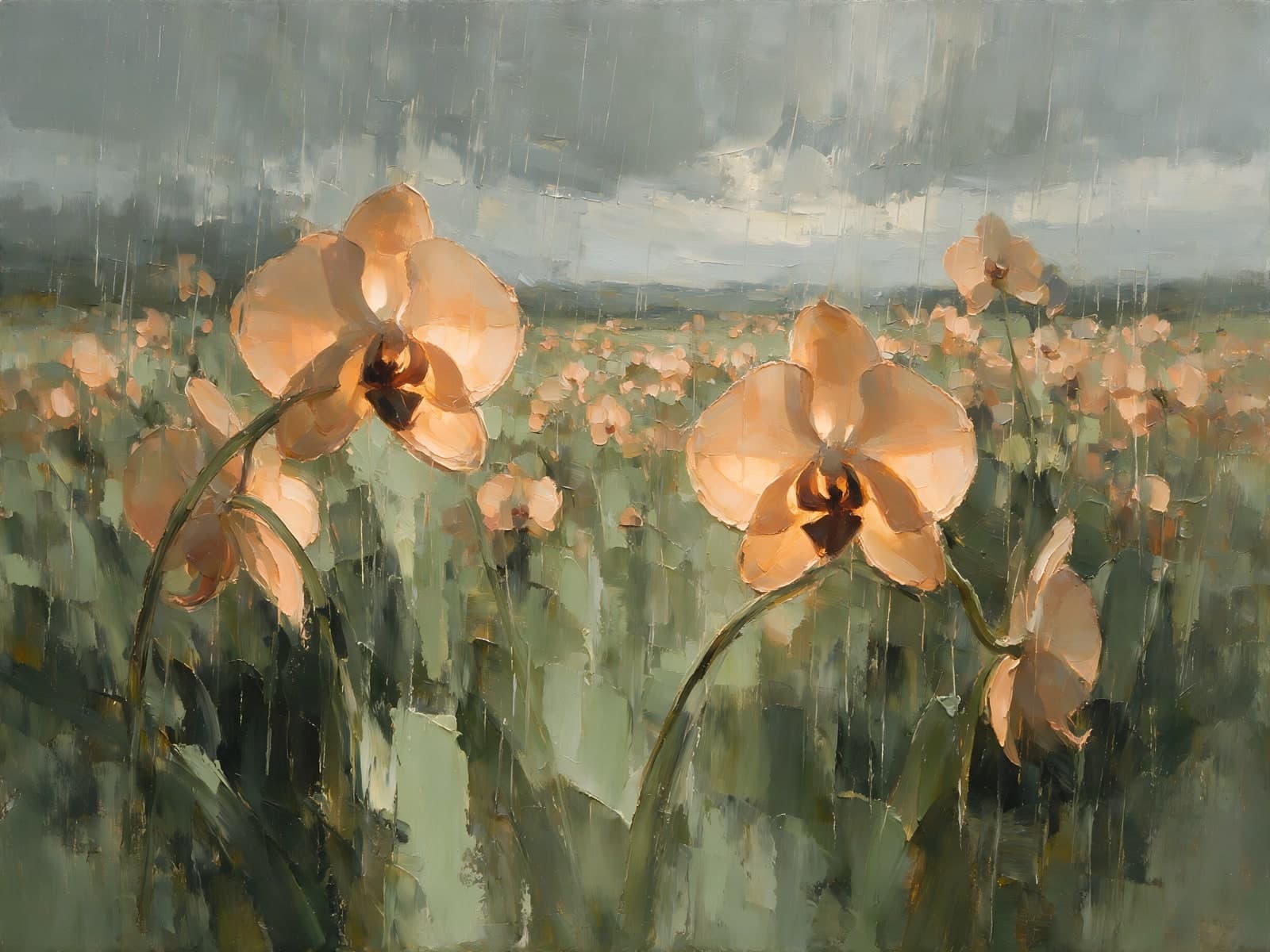 Perzikkleurige orchideeën in regenachtig veld