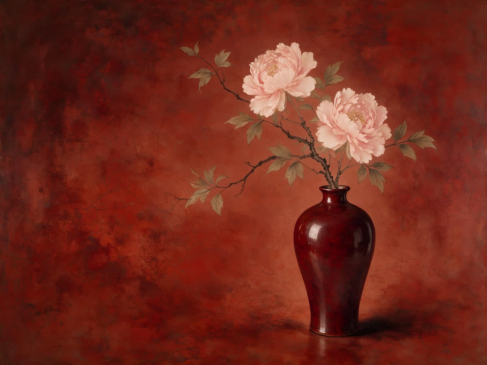 Roze pioenen in een rode vaas