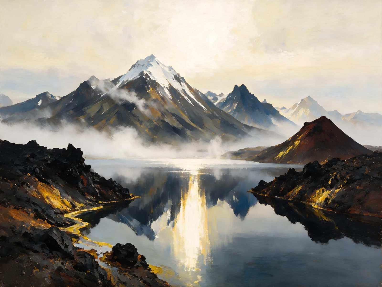 Bergmeer met mist en zwarte lavarotsen