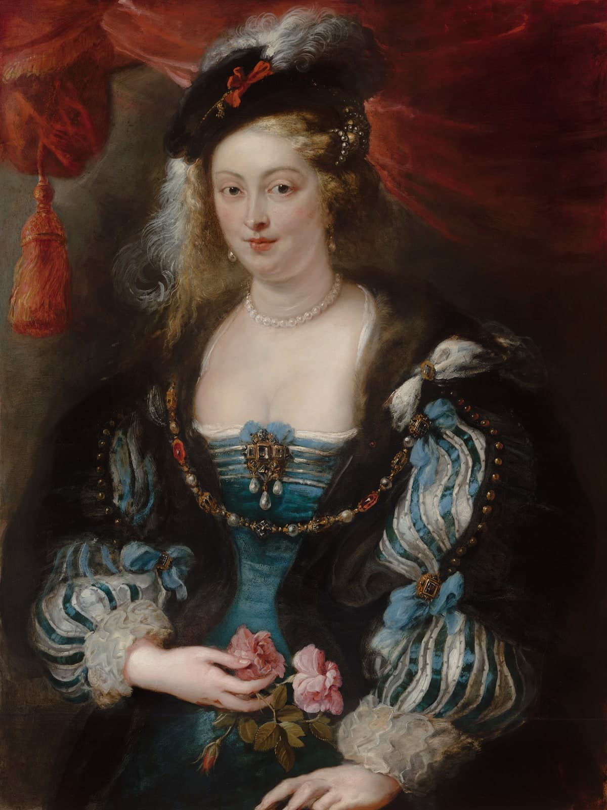 Portret van een jonge vrouw met een parelketting