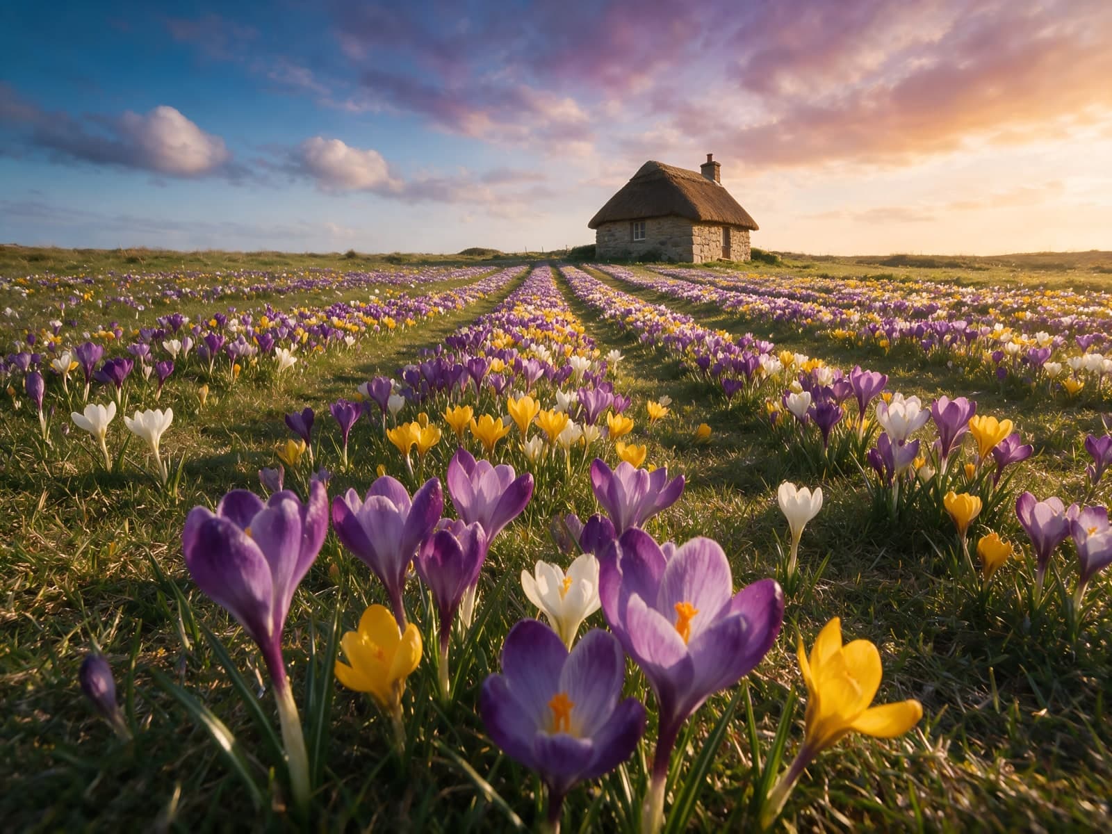 Paarse krokussen in een veld bij huisje