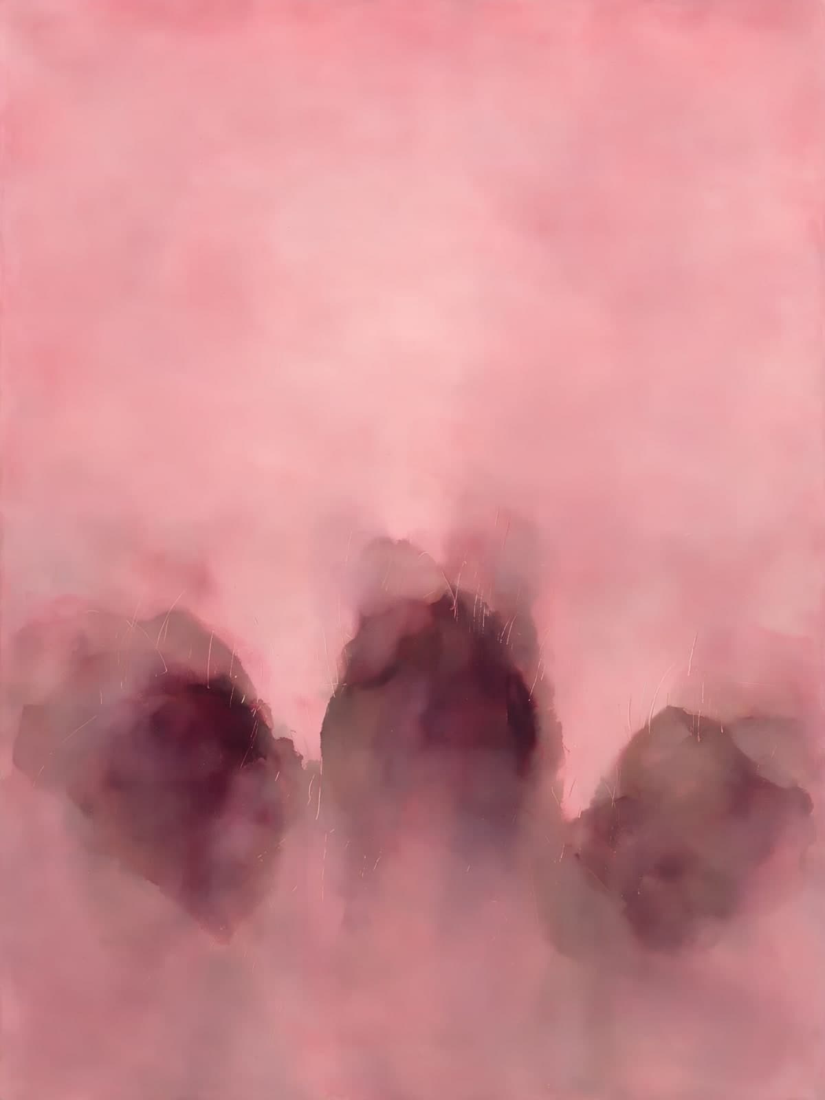Donkere vormen in roze nevel